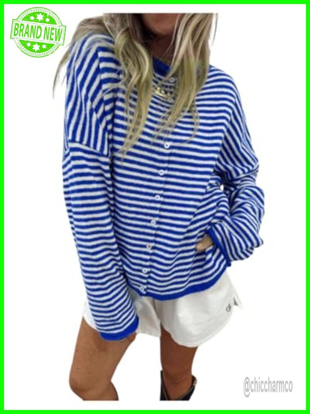Striped Button Down Long Sleeve Loose Cardigan Sweater Rib Knit